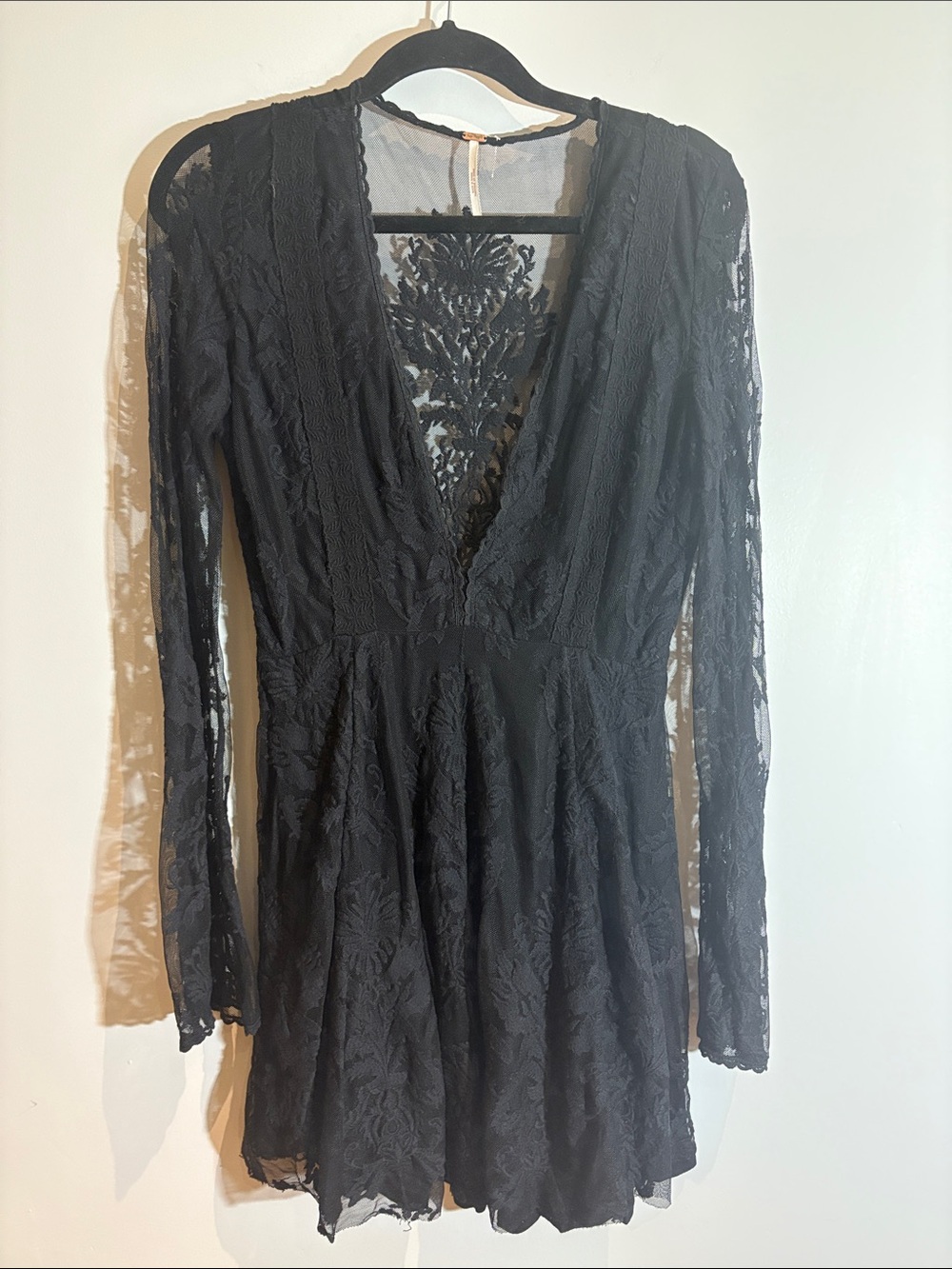 Free People Black Lace V-Neck Long Sleeve Mini Dress